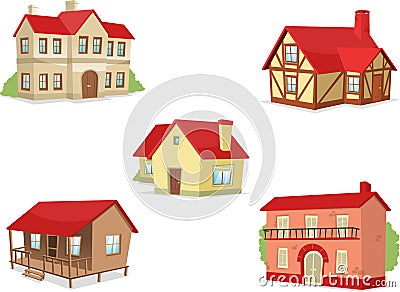 Suburb residential house townhouse villa set Cartoon Illustration