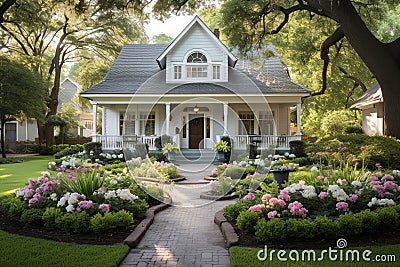 Suburban Bliss: Garden Eden Awaits at the Heart of a Cozy Homefront Stock Photo