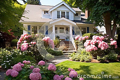 Suburban Bliss: Garden Eden Awaits at the Heart of a Cozy Homefront Stock Photo