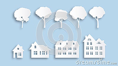 Suburban buildings and trees. Paper cut houses. Various isolated white homes and plants template. Decorative origami Vector Illustration