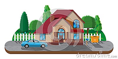 Suburban family house. Countryside wooden house Vector Illustration