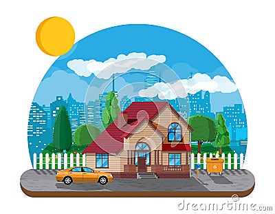 Suburban family house. Countryside wooden house Vector Illustration