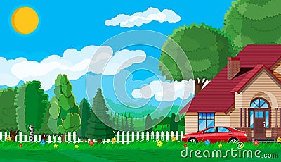 Suburban family house. Countryside wooden house Vector Illustration