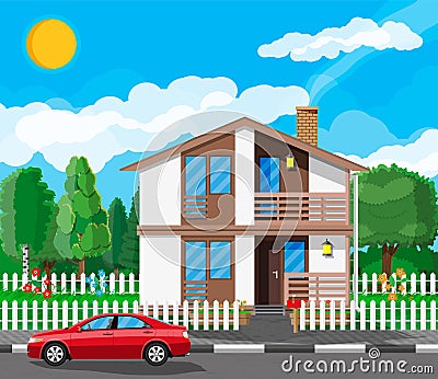 Suburban family house. Countryside wooden house Vector Illustration