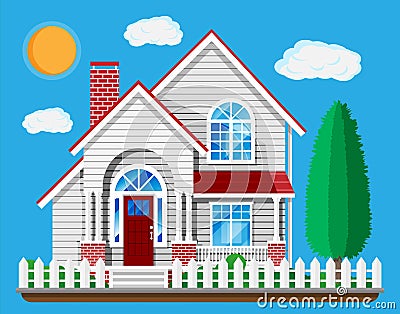 Suburban family house. Countryside wooden house Vector Illustration