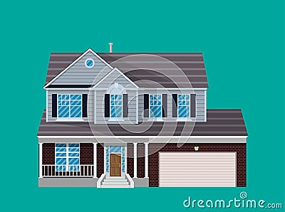 Suburban family house with garage. Vector Illustration