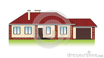 Suburban family house with garage, tiled roof and brick facade. Vector Illustration