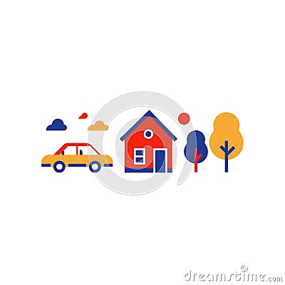 Suburban home with car, summer house, country side, real estate, vector icon Vector Illustration