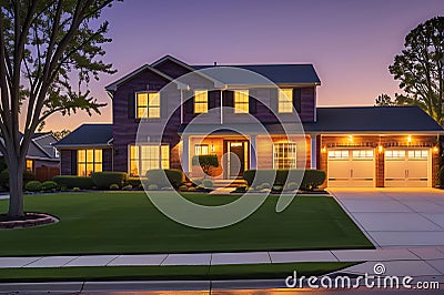 Suburban Home at Twilight - Golden Hour Washing Over the Brick Facade, Neatly Trimmed Front Lawn, Modern Elegance Stock Photo