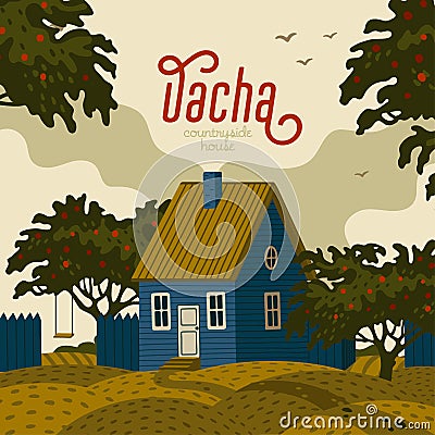 Suburban house - dacha. Rural landscape with blue Barn house in rustic style and green fruit garden Vector Illustration