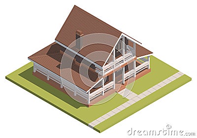 Suburban House isometry. Hyper detailing isometric view of a isolated house with a brown roof. 3D family house for video games or Stock Photo