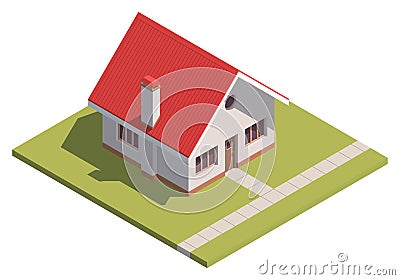 Suburban House isometry. Hyper detailing isometric view of a isolated house with a red roof. 3D family house for video games or Stock Photo