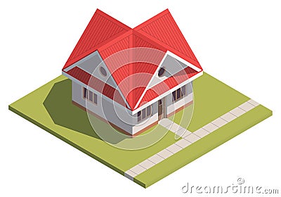 Suburban House isometry. Hyper detailing isometric view of a isolated house with a red roof. 3D family house for video games or Stock Photo