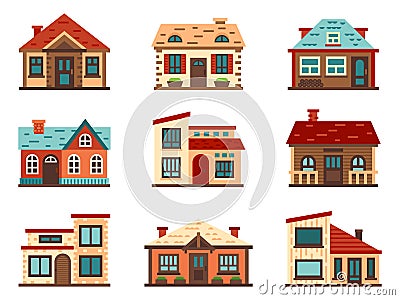 Suburban house. Living houses, housing roof building and home facade vector flat illustration Vector Illustration