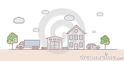 Suburban landscape vector cartoon outline illustration. Street with cars, green trees, garage, modern family house. Vector Illustration