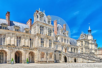 Suburban Residence of the France Kings - facade beautiful Chateau Fontainebleau. Stock Photo