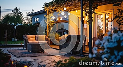 Suburban Serenity. Enjoying Summer Evenings in a Beautiful Garden Oasis. Generative AI Stock Photo