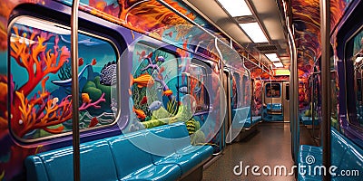 A subway car where passengers morph into a colorful array of aquatic creatures in a moving underwater world , concept of Stock Photo