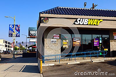 SUBWAY Fast Food restaurant. The Subway`s core product is the submarine sandwiches Editorial Stock Photo