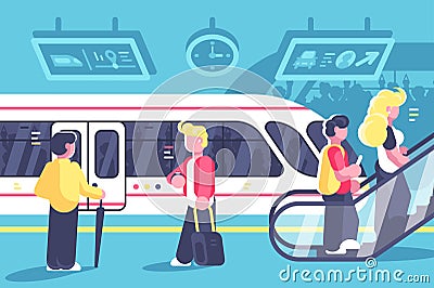 Subway interior with people train and escalator Cartoon Illustration