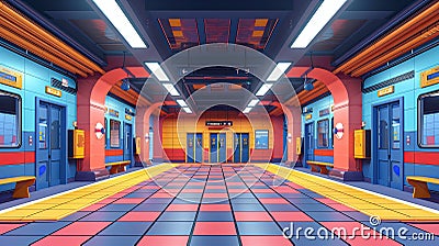 Subway station, flat design, front view, underground theme, 3D render, split-complementary color scheme Stock Photo
