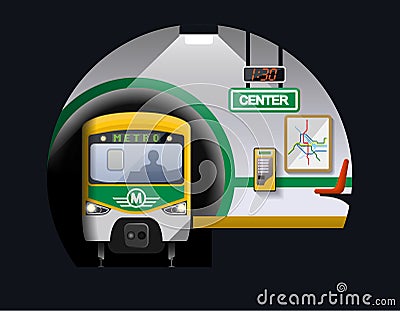 Subway station and train Cartoon Illustration