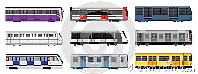 Subway train icons set, cartoon style Vector Illustration