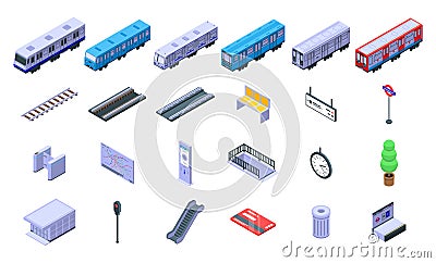 Subway train icons set, isometric style Vector Illustration