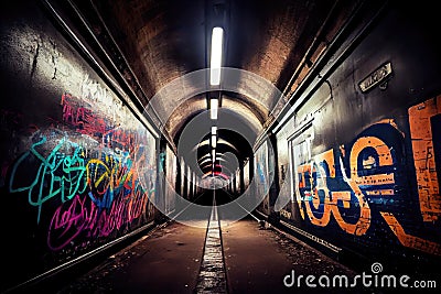 subway tunnel, with graffiti art and tags on the walls Stock Photo