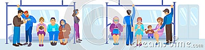 Subway underground metro train transportation with people. Passengers metro man woman elderly people sitting, standing Vector Illustration