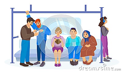 Subway underground metro train transportation with people. Passengers metro man woman elderly people sitting, standing Vector Illustration