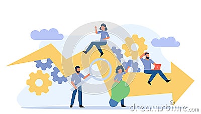 Success advance business plan boost vector concept illustration. Cartoon people bank bond teamwork with arrow. Achievement person Vector Illustration