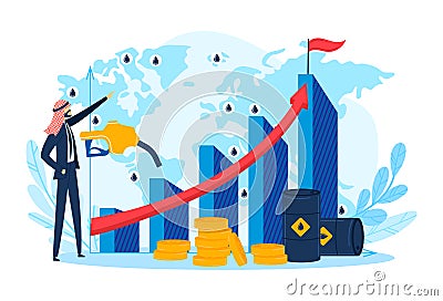 Success arab character, arabic oil business growth for arabian businessman, vector illustration. Adult people near gas Vector Illustration