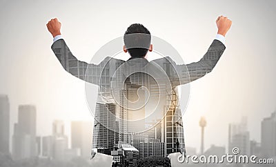 Success business man raise his hand double exposure concept Stock Photo
