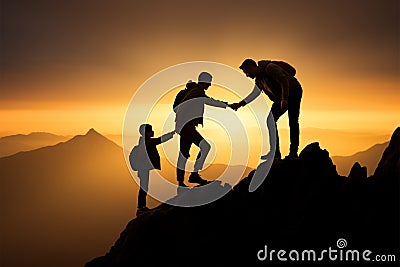 Success captured in silhouettes as one man helps another, teamwork Stock Photo