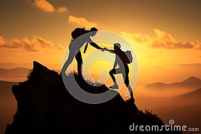 Success captured in silhouettes as one man helps another, teamwork Stock Photo