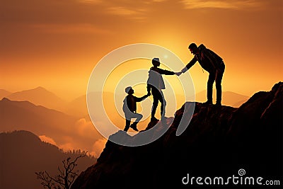 Success captured in silhouettes as one man helps another, teamwork Stock Photo