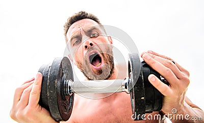 Success is choice. Winning is habit. Dumbbell exercise gym. Muscular man exercising with dumbbell. Sportsman with strong Stock Photo