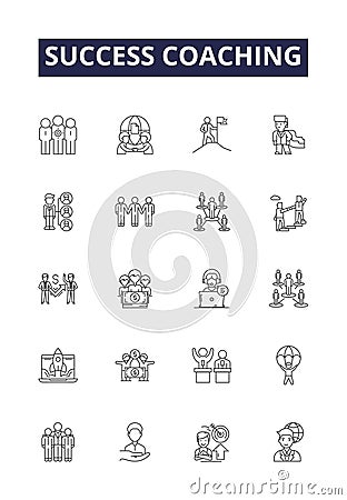 Success coaching line vector icons and signs. Aspiration, Attainment, Betterment, Coaching, Development, Drive Vector Illustration