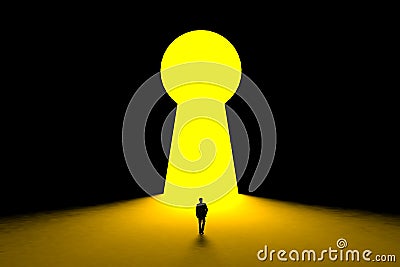 Success concept with businessman, Image of miniature businessman standing in front of wall with key hole door background Stock Photo