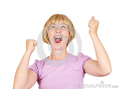 Success concept - successful young blonde girl winning Stock Photo