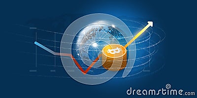 Success in Crypto Currency Investment - Bit Coin Rate Concept with Stats Diagram, Flowing Binary Data Around Earth Globe Vector Illustration