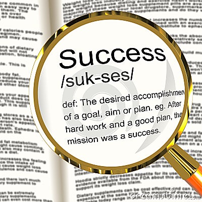 Success Definition Magnifier Showing Achievements Stock Photo