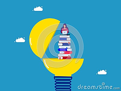 Success in discovering new creative ideas. woman working with laptop computer on stack of books in light bulb Vector Illustration