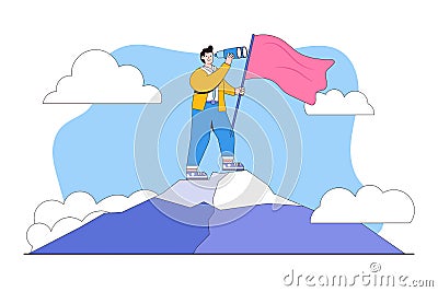 Success fearless female entrepreneur, woman leadership or challenge and achievement concepts. Businesswoman on top mountain holds Vector Illustration