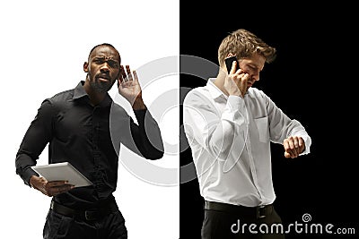 Success happy afro and caucasian men. Mixed couple. Human facial emotions concept. Stock Photo