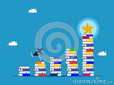 Success and learning never stop. woman running on stairs stack of books with stars Vector Illustration