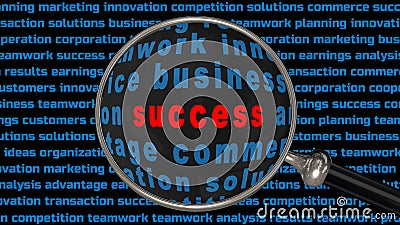 Success lettering in a magnifying glass in front of a black screen filled with keywords from the business world Cartoon Illustration