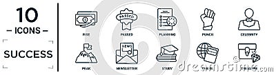 success linear icon set. includes thin line rise, planning, celebrity, newsletter, travel, treasure, peak icons for report, Vector Illustration