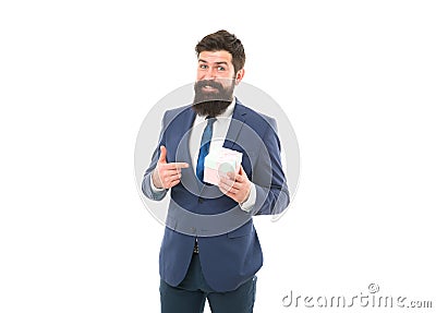 Success and reward. boxing day. Delivery company business. presenting product. businessman in suit on party. bearded man Stock Photo